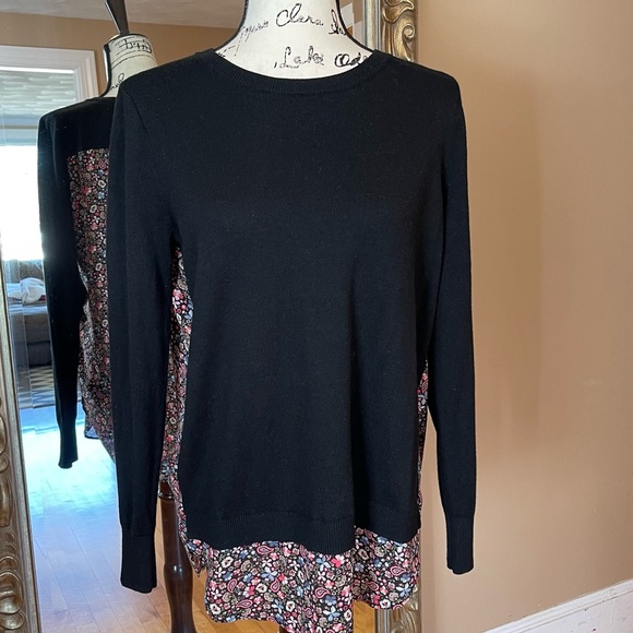 LOFT Floral mixed media black sweater. Small - Picture 1 of 6